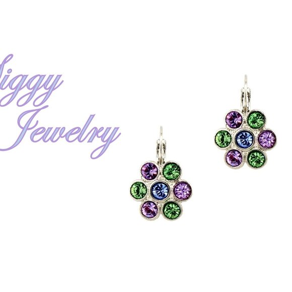 Light Sapphire, Violet and Peridot Flower Earrings made with Austrian Crystal - Picture 1 of 5
